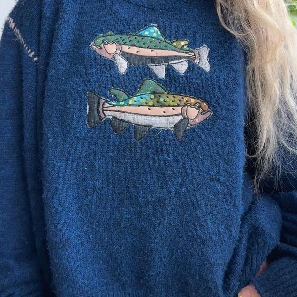Upcycled Urban Outfitters Patchwork Embroidered Fish Navy Blue Sweater